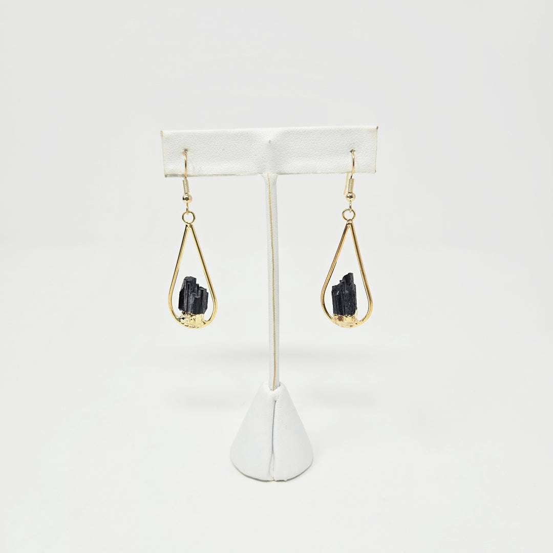 Black Tourmaline Gold Plated Teardrop Earrings