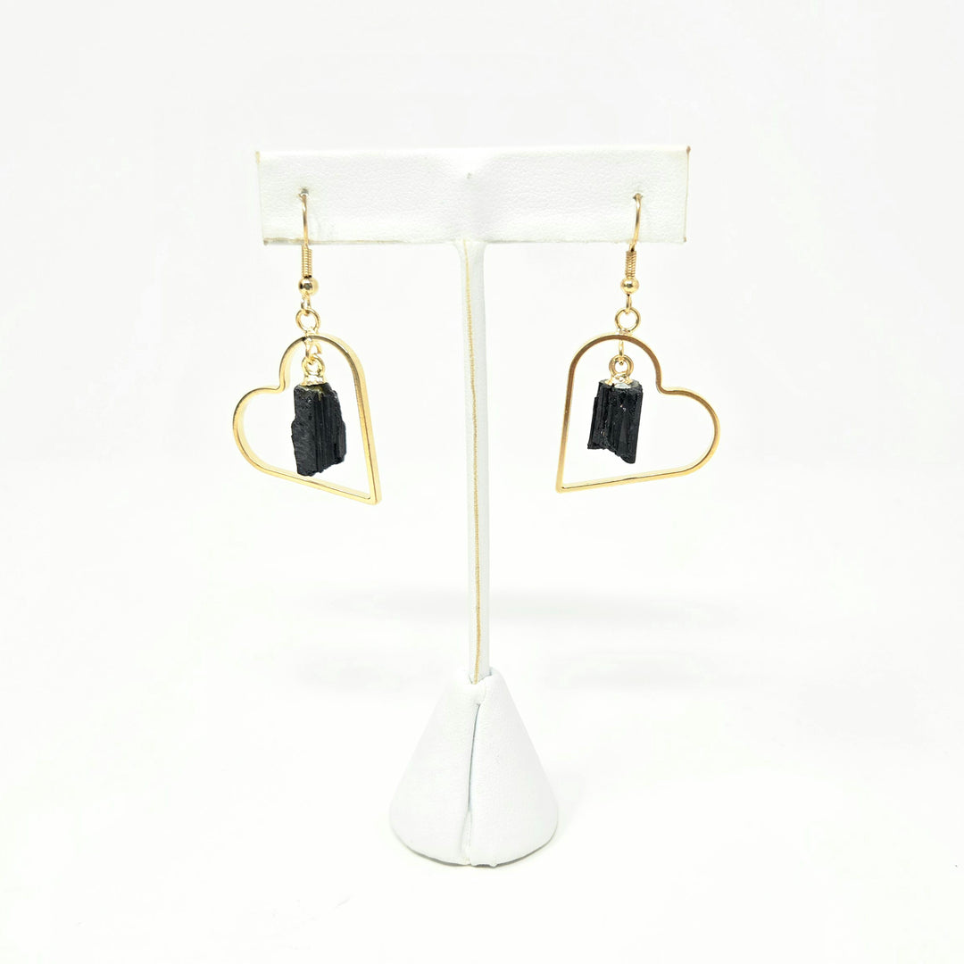 Black Tourmaline Gold Plated Heart Earrings