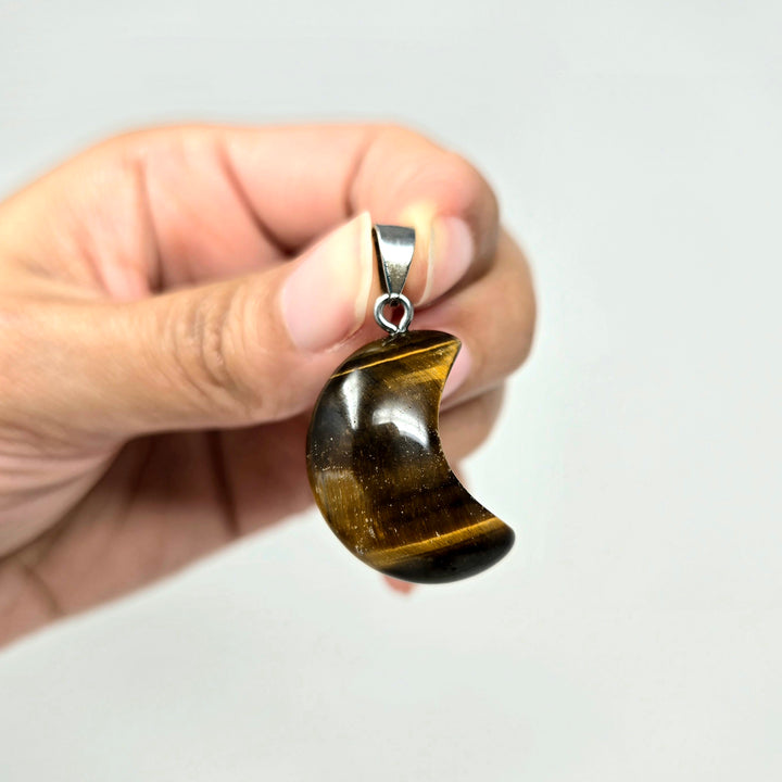 Tiger Eye Gemstone Moon Pendant: 3/4