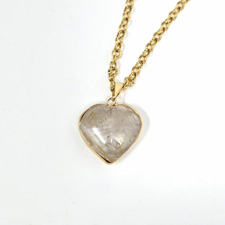 Rutilated Quartz Heart with Gold Edge Necklace