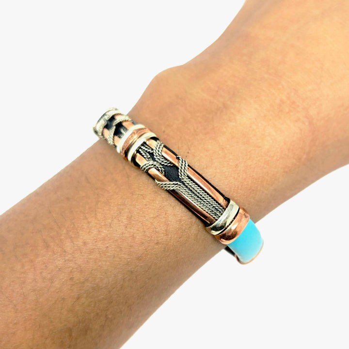 Blue Mix Leather Copper Bracelet | The Harmony Store