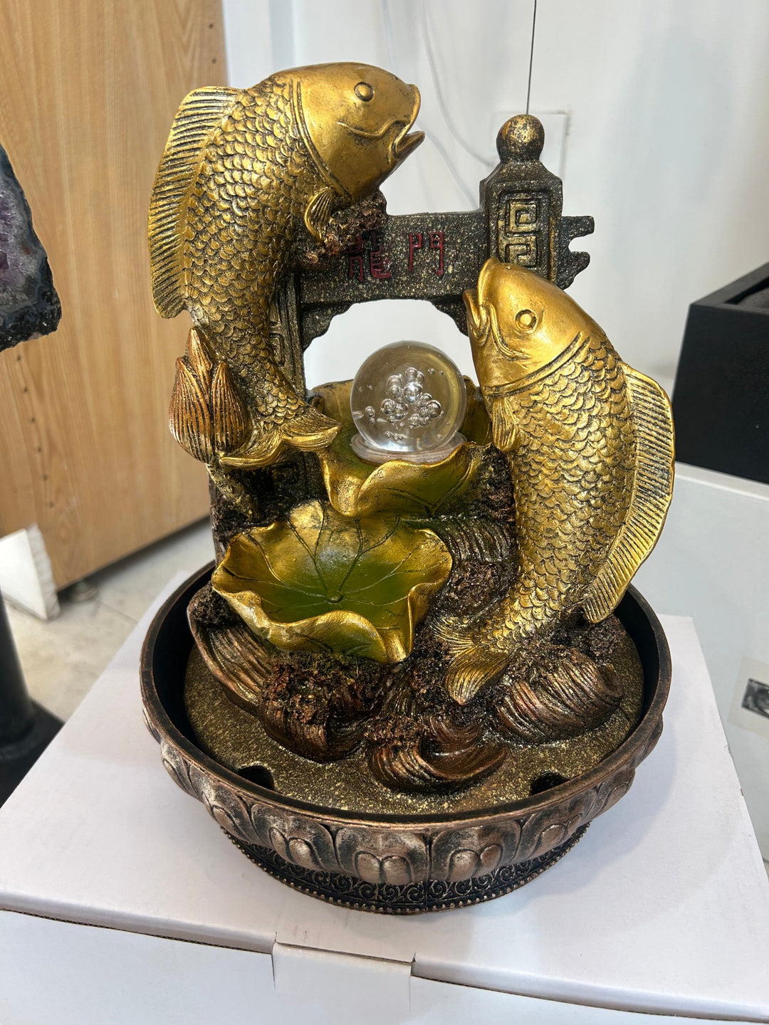 Double Koi Fish Fountain with Crystal Ball – Gold | Abundance & Harmony Decor