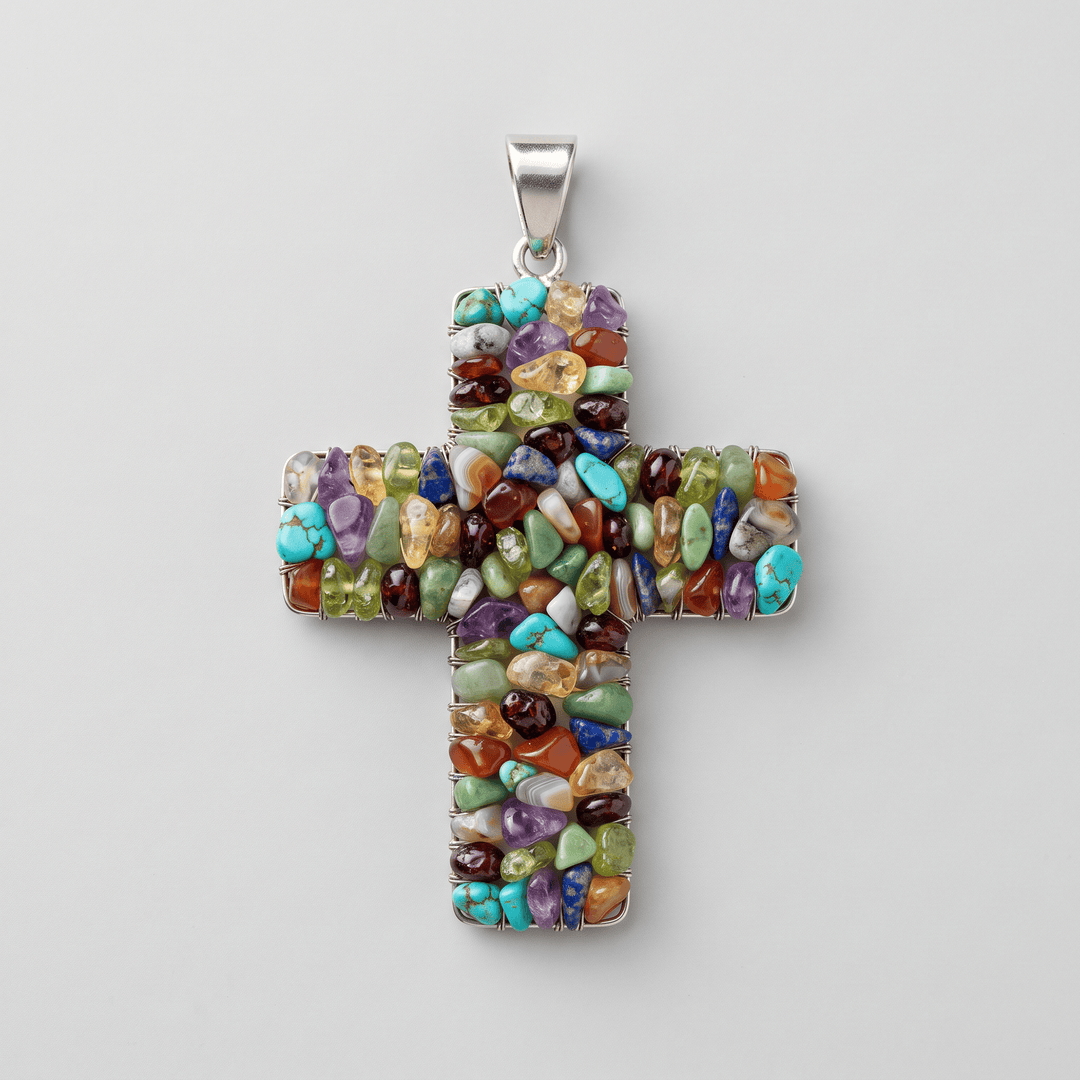 Small carved gemstone cross, natural polished stone, about 1 inch