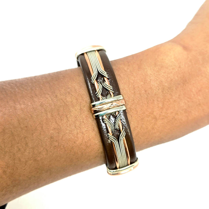 Large Brown Leather Copper Bracelet | The Harmony Store