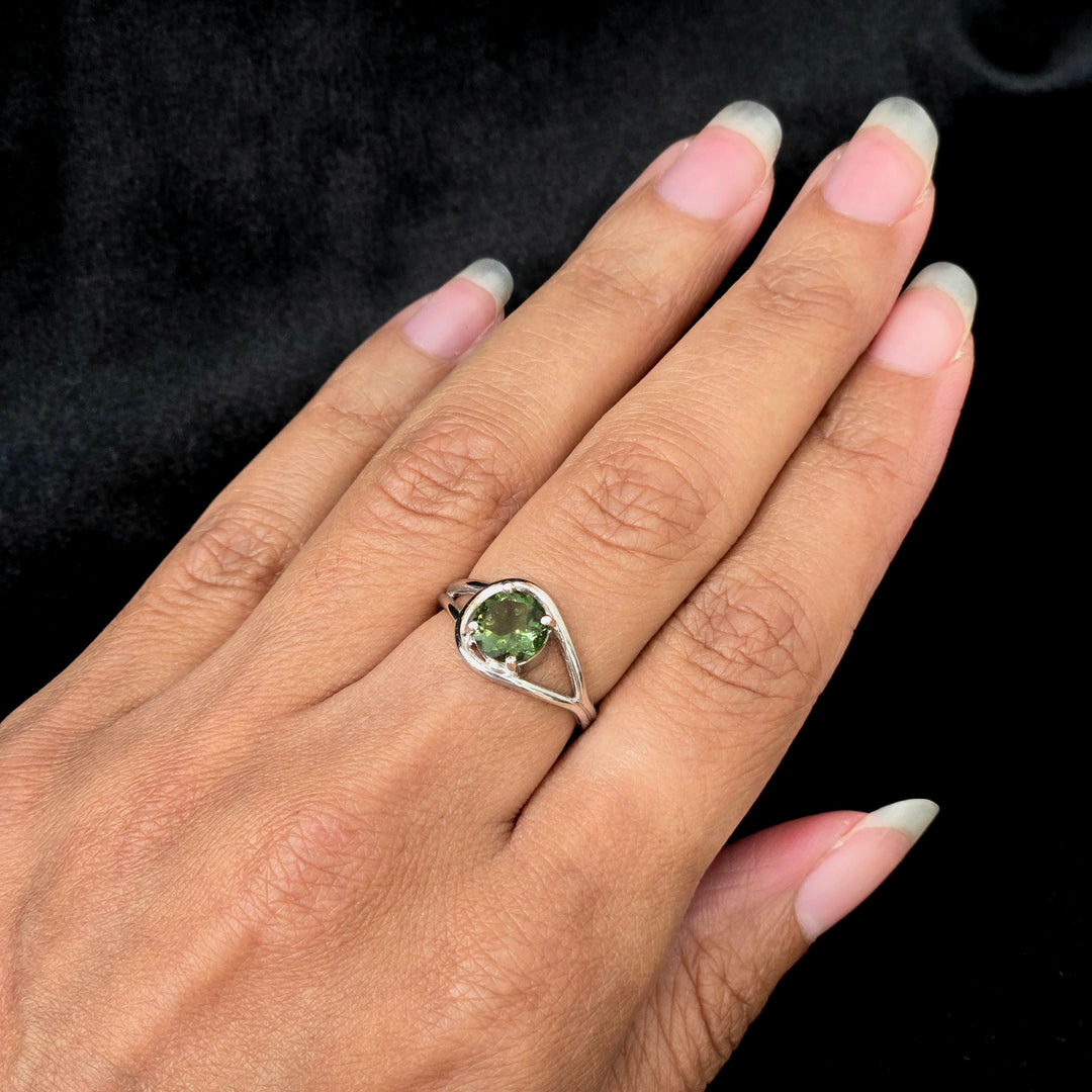 Moldavite Faceted Gemstone Ring - Sterling Silver