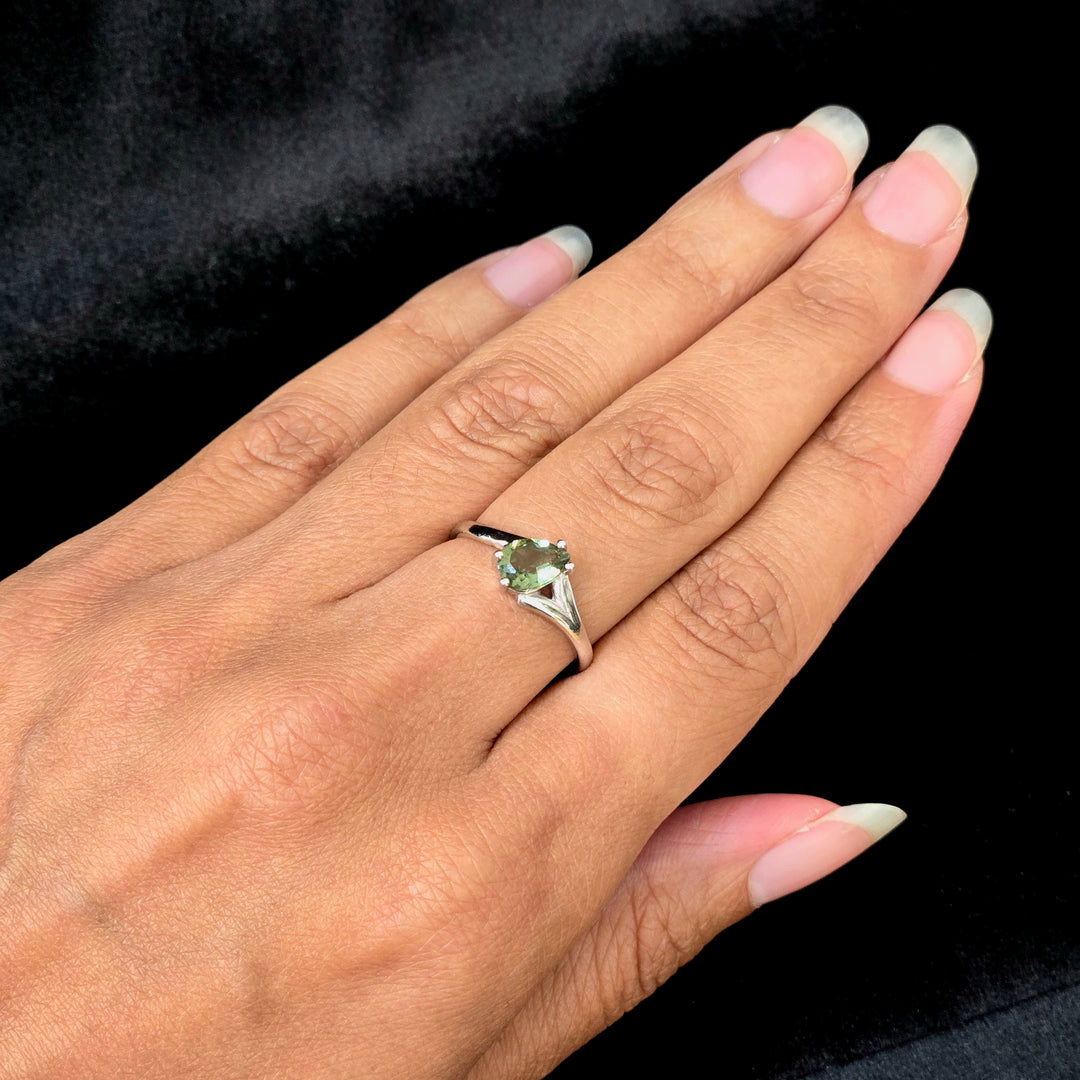 Moldavite Faceted Gemstone Ring - Sterling Silver