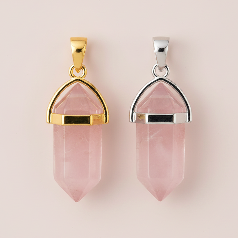 Rose quartz faceted claw pendant adjustable gold or silver
