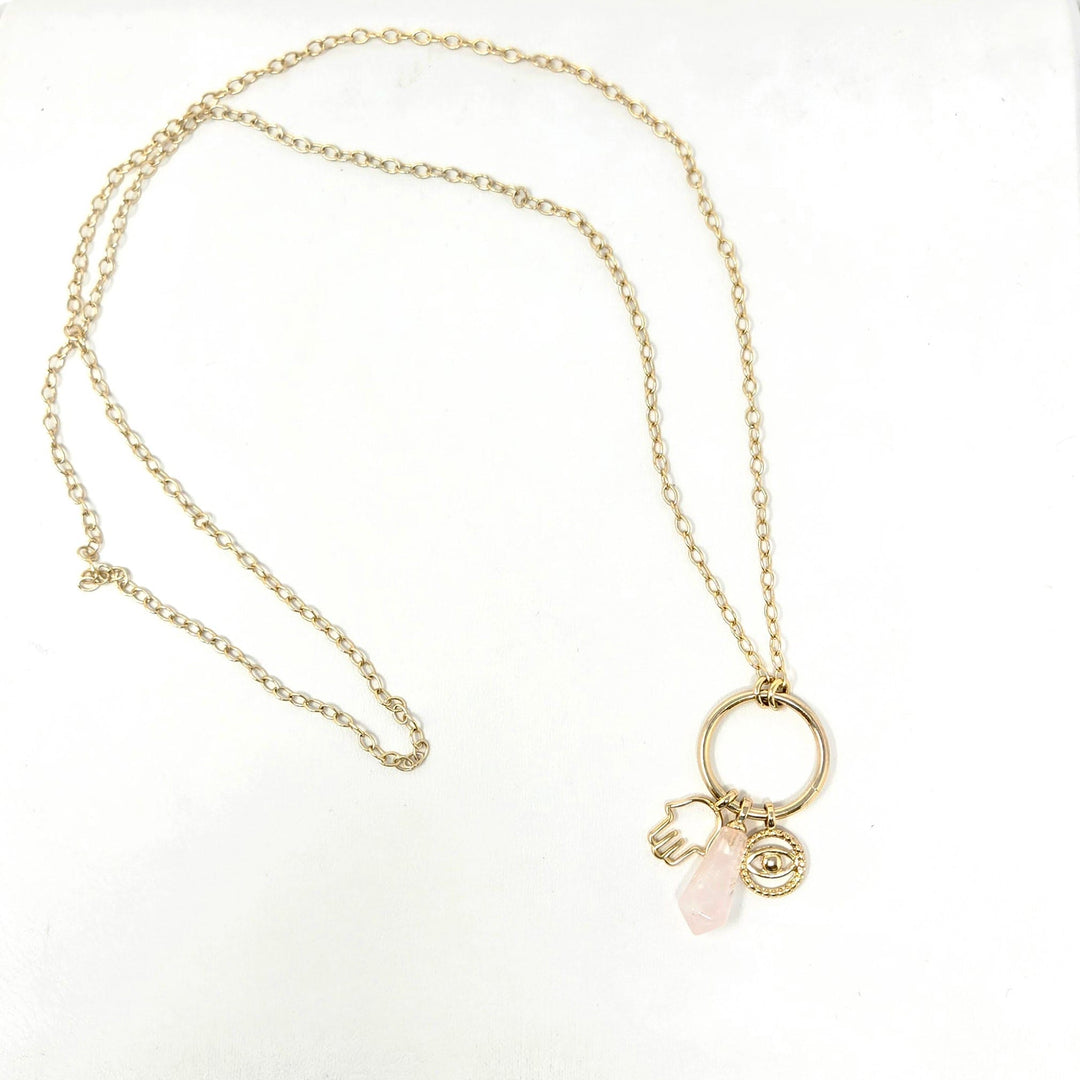 Rose Quartz Hamsa Evil Eye Necklace Gold | The Harmony Store Necklace