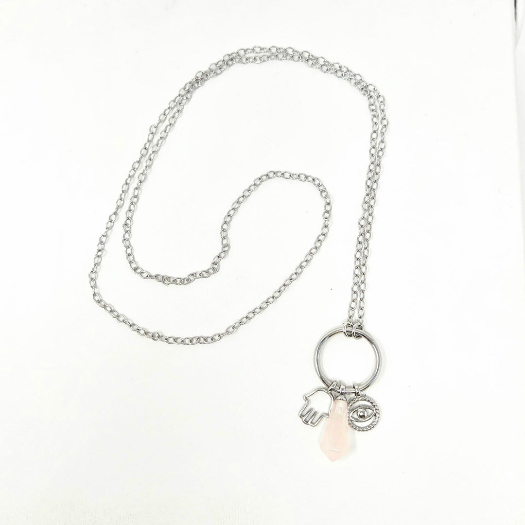 Rose Quartz Hamsa Evil Eye Necklace | The Harmony Store Necklace