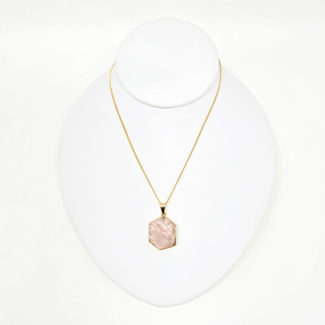 Rose Quartz Hexagonal Necklace Gold | The Harmony Store Necklace