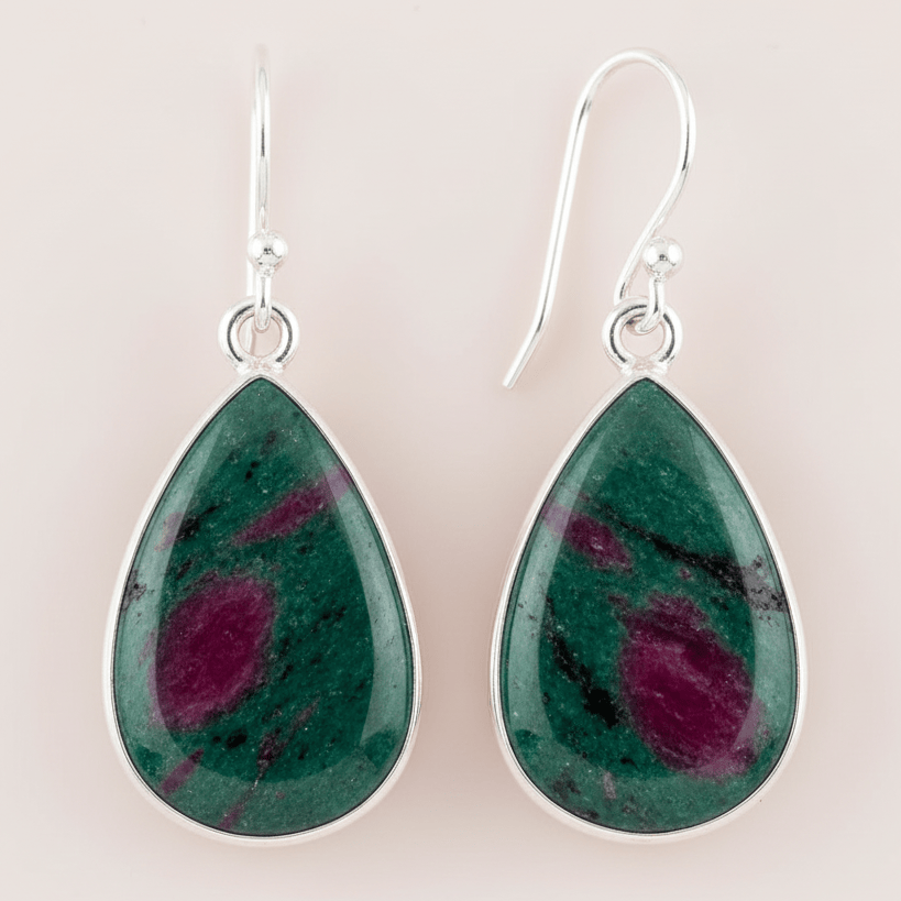 Ruby Zoisite Dangle Silver Earrings | Heart Energy & Vitality Jewelry