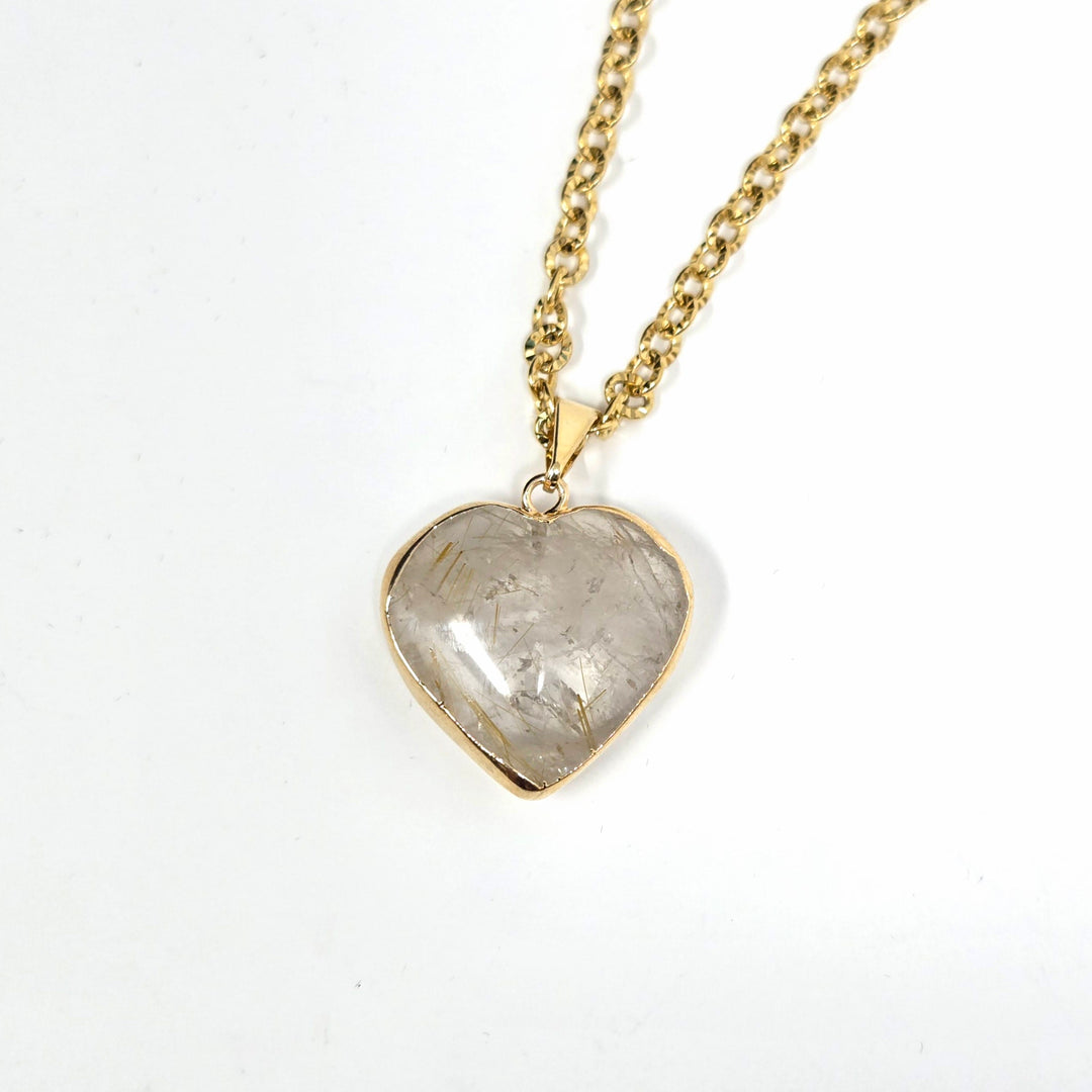 Rutilated Quartz Heart with Gold Edge Necklace Rutilated Quartz