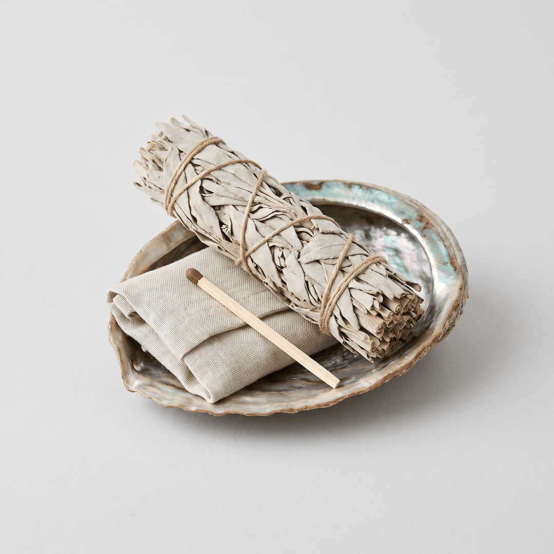 Sage smudge kit with white sage bundle, palo santo stick, and abalone shell — The Harmony Store